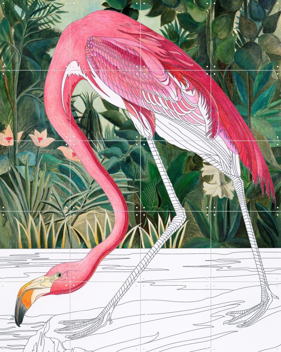 IXXI A Flamingo Reimagined, Marja van den Hurk - 80 x 100 cm - Gratis ophangtool - Grote wanddecoratie en posters - Kleurrijk, Speels, Line art