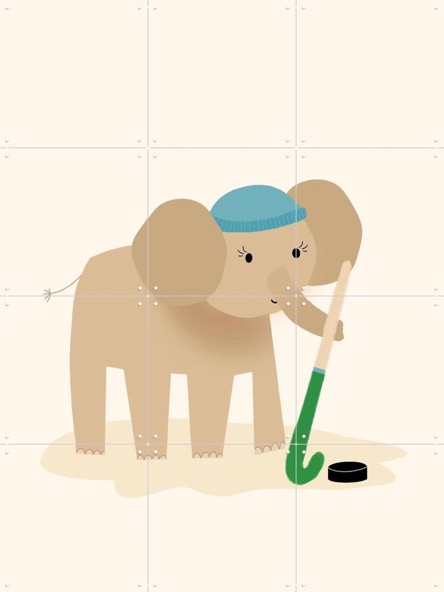 IXXI Hockey Olifant, Stadse Spruiten | door Miek illustreert - 60 x 80 cm - Gratis ophangtool - Grote wanddecoratie en posters - Speels, Cartoonesk