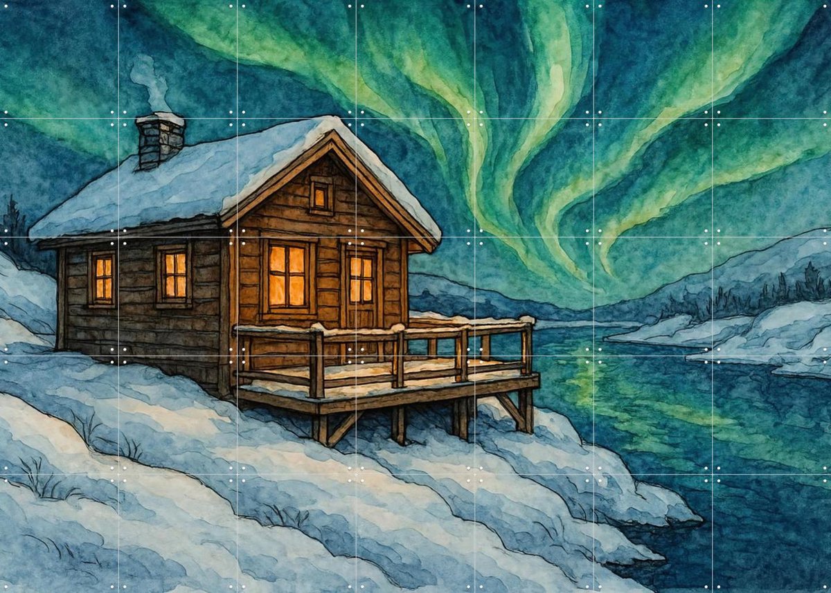 IXXI Houten Huisje Onder Het Noorderlicht, Natalie Bruns - 140 x 100 cm - Gratis ophangtool - Grote wanddecoratie en posters - Kleurrijk, Aquarel
