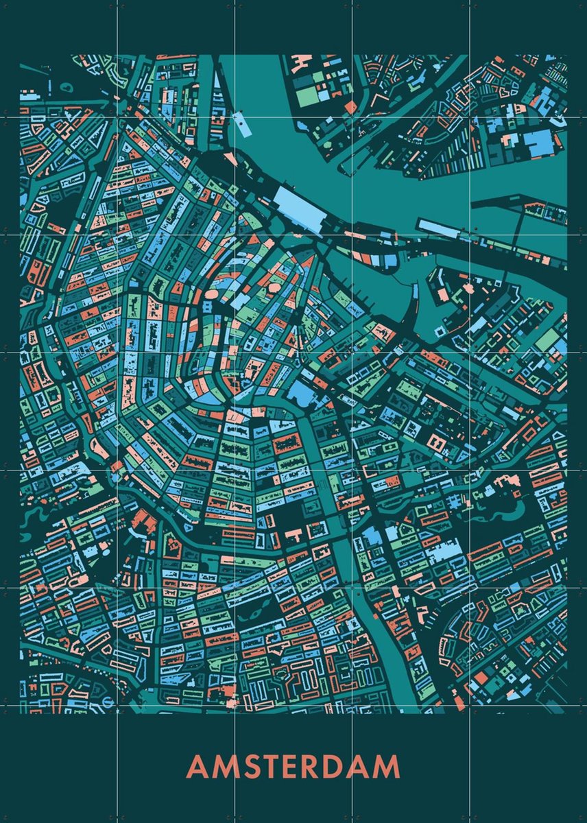 IXXI Amsterdam Mozaïek Teal, Kunst in Kaart - 100 x 140 cm - Gratis ophangtool - Grote wanddecoratie en posters - Modern, Kleurrijk, Digitale Kunst