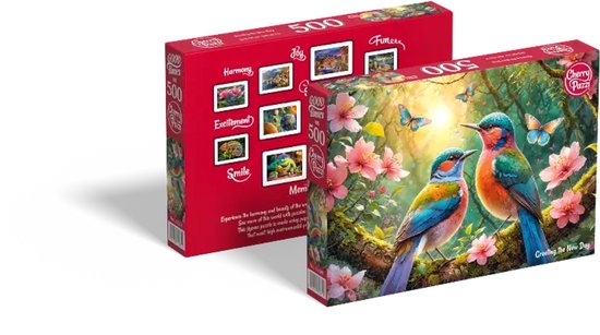 Twee puzzeldozen van CherryPazzi met 500 stukjes, "Greeting the New Day", met vogels, bloemen en vlinders, één doos toont de zijkant met extra afbeeldingen.