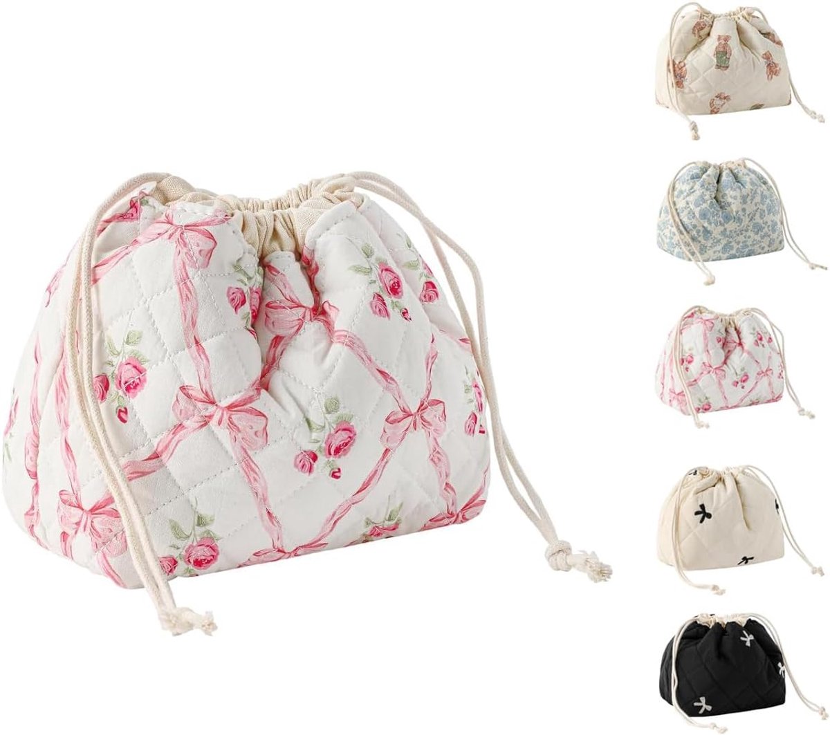 Cosmeticatas van katoen met trekkoord, toilettas voor dames, make-uptas voor dames en meisjes, C roze strikken, Klassiek