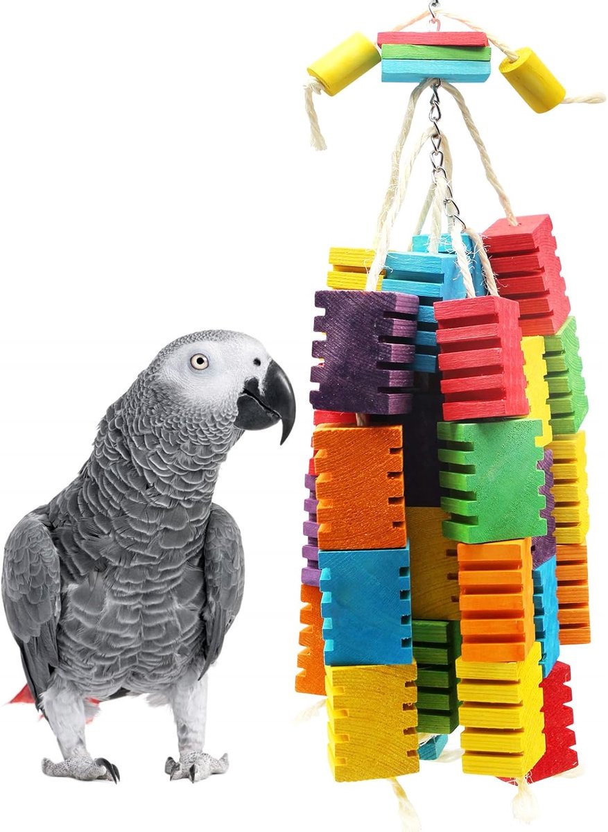 Speelgoed update, MQUPIN papegaai kauwspeelgoed kleurrijk natuurlijk veilig houten blok schommel om op te kauwen voor alle grote papegaaien (veelkleurig)