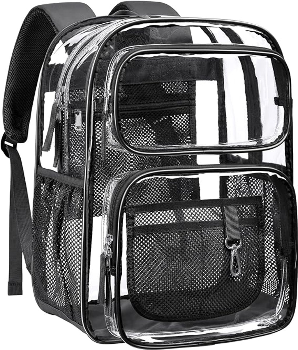 Doorzichtige Rugzak - Zware 17 Inch Transparante Schooltas - Met 2 Voorvakken en Versterkte Oxford Bodem - Gevoerde Schouderbanden voor Comfort - 0.5 mm Dik PVC - Geschikt voor School en Dagelijks Gebruik - Transparant - Zwart - 1 Stuk