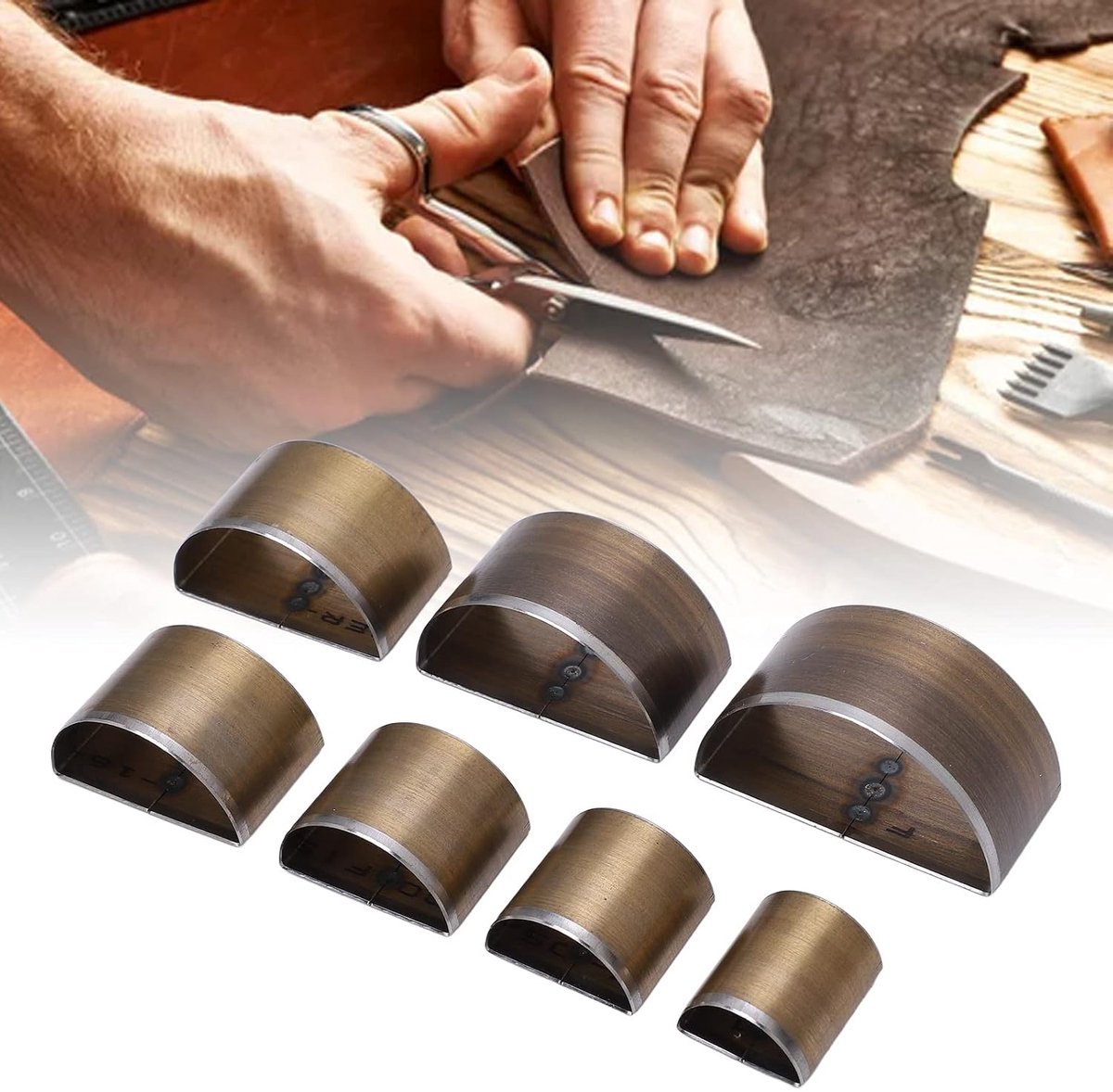 7 stuks leren stansvormen, leren gereedschap, tot 50 mm, handgemaakte lederen stansvormen, halve cirkelvorm, sneldraaistaal leer stansvormen, zeven maten, draagbaar, eenvoudig