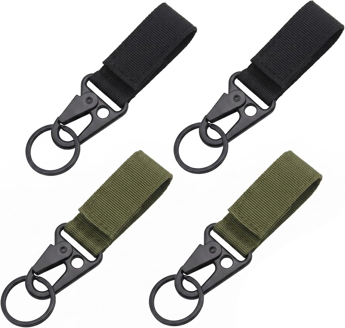 Karabijnhaken met band, sleutelhanger, riemclip, karabijnhaak met nylon band, sleutelkarabijnhaak, robuuste sleutelhouder, riem voor outdoor, camping, wandelen, zwart en legergroen