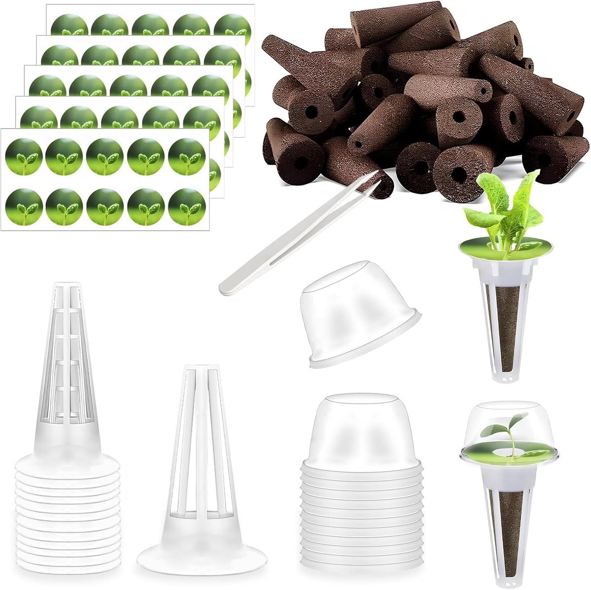 Groeisponzen, 125 stuks hydrocultuur kweeksets, 50 vervangende groeisponzen, 50 etiketten, 12 isolerende deksels, 12 plantenmanden, 1 pincet, hydrocultuur-systeemaccessoires