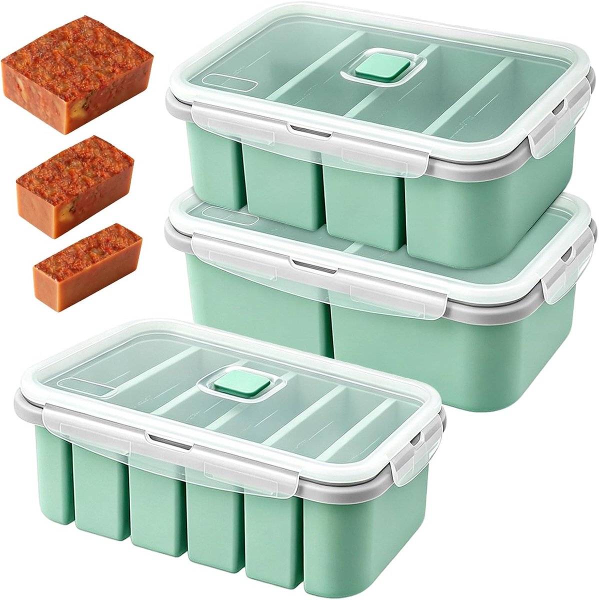 Set van 3 siliconen diepvriesbakjes met deksel, diepvriesvorm voor soep, bouillon en sauzen, meal prep siliconen vormen om in te vriezen, vriescontainer voor babypap, boter, pesto en ijsblokjes (groen