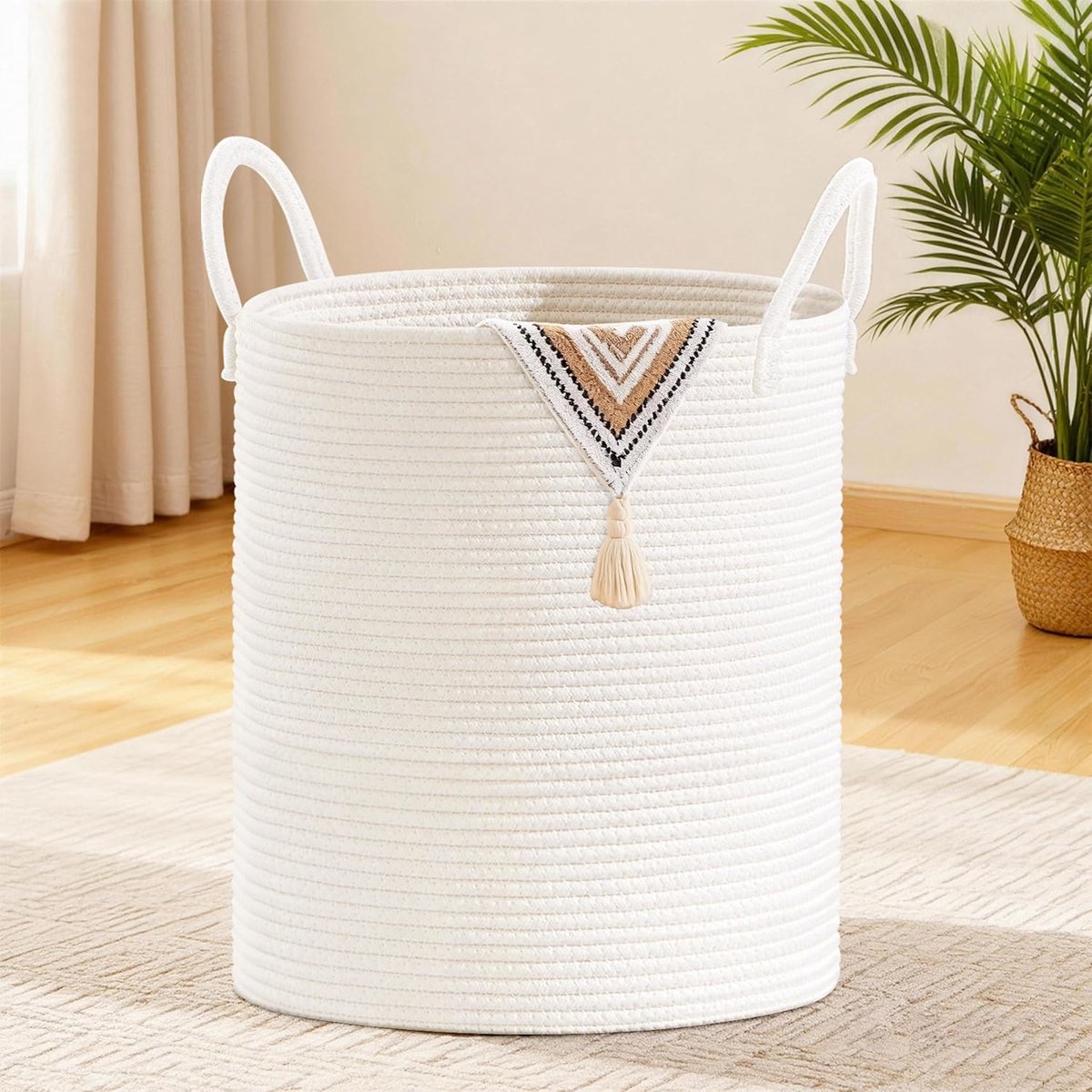 Katoenen Touw Wasmand Groot 45cm x 55cm - Opvouwbare Opbergmand met Handvat - Voor Wasgoed, Dekens en Speelgoed - 88L Wit