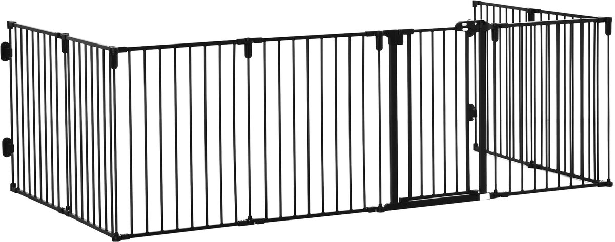 Veiligheidsbarrière voor open haard, box voor honden, opvouwbaar, modulair, 8 panelen, met deur, zonder boren, 482,5 x 76 cm, zwart
