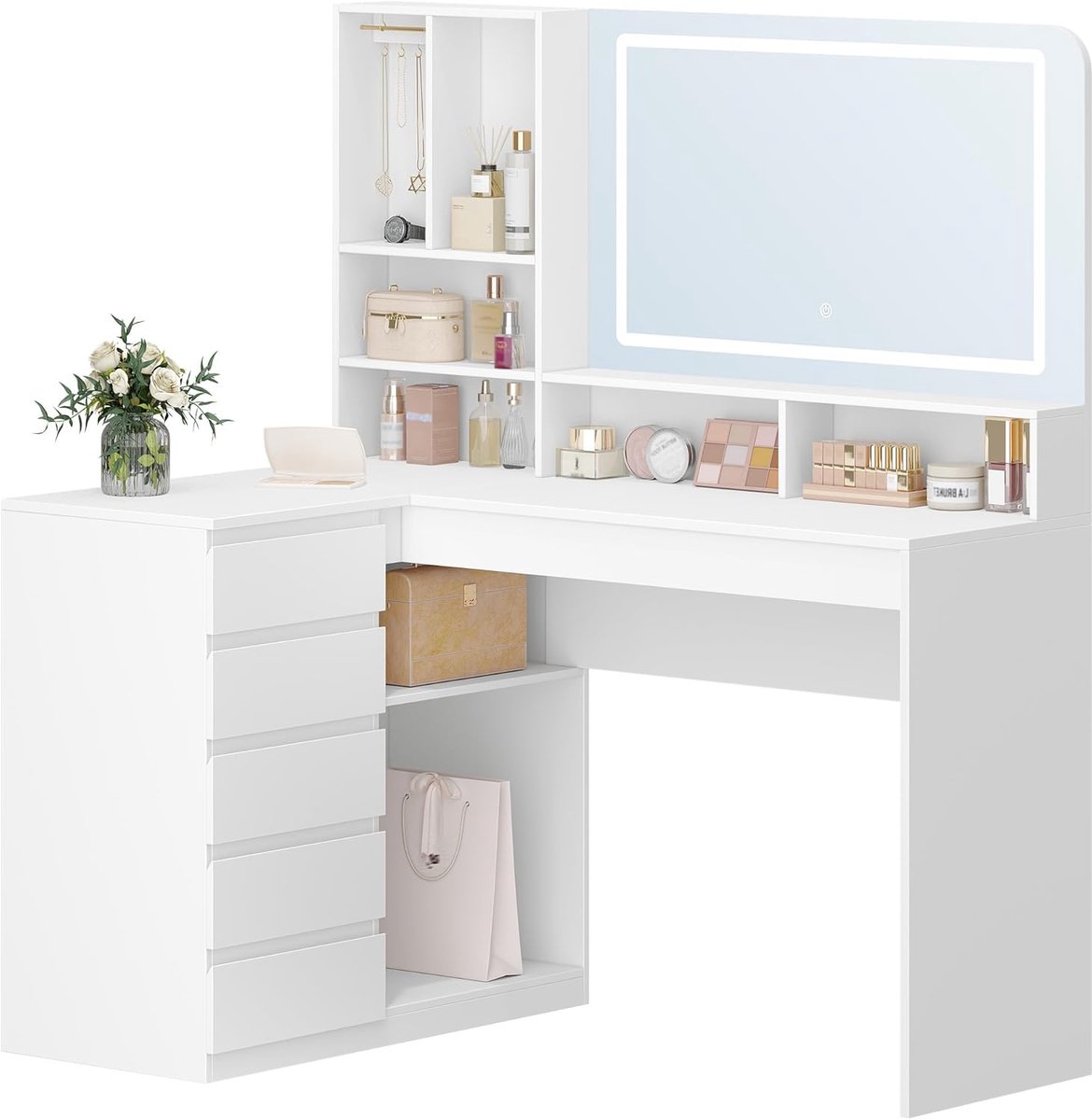 Hzuaneri Make-uptafel met grote spiegel, kaptafel met ledverlichting, L-vormige hoek- met 5 laden en 7 open vakken, kettinghaken, slaapkamer, kleedkamer, modern,80.1×120×137.7cm,Wit