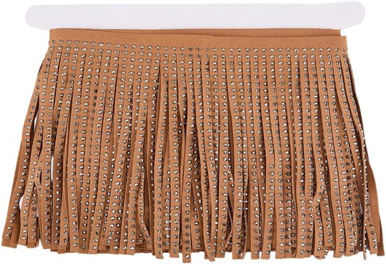 afgezet met franjes van suède, 1,83 m, leren kwastlint met parels, 13,5 cm, voor naaien, accessoires voor kleding, tassen en knutselwerk (bruin) — afbeelding 5
