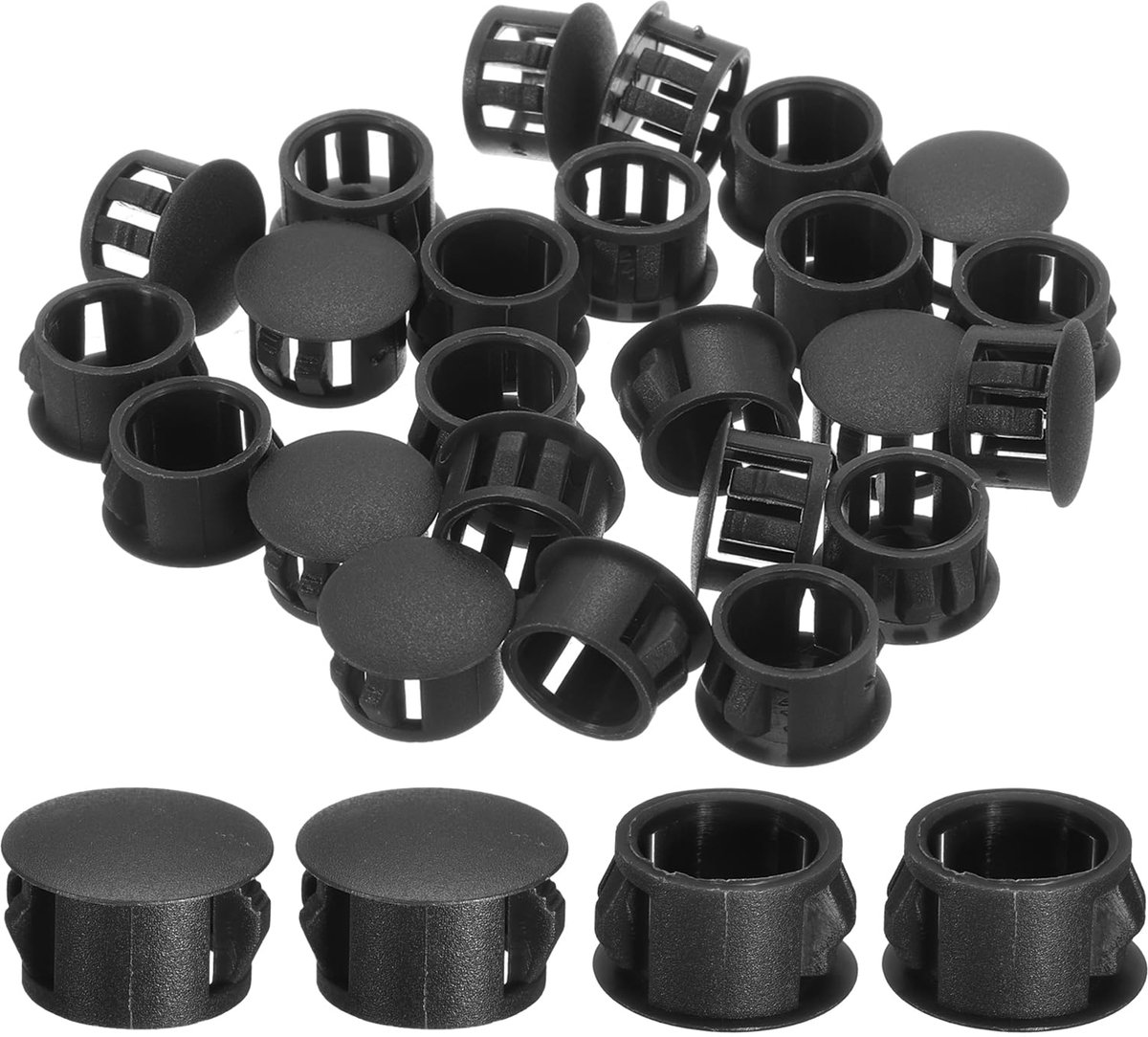 28 stuks 15 mm (9/16") afdekkappen voor boorgaten, nylon blinde stoppen, afdekstoppen, zwart, ronde kliksluiting, gaten voor boorgaten voor kasten, machines, meubels