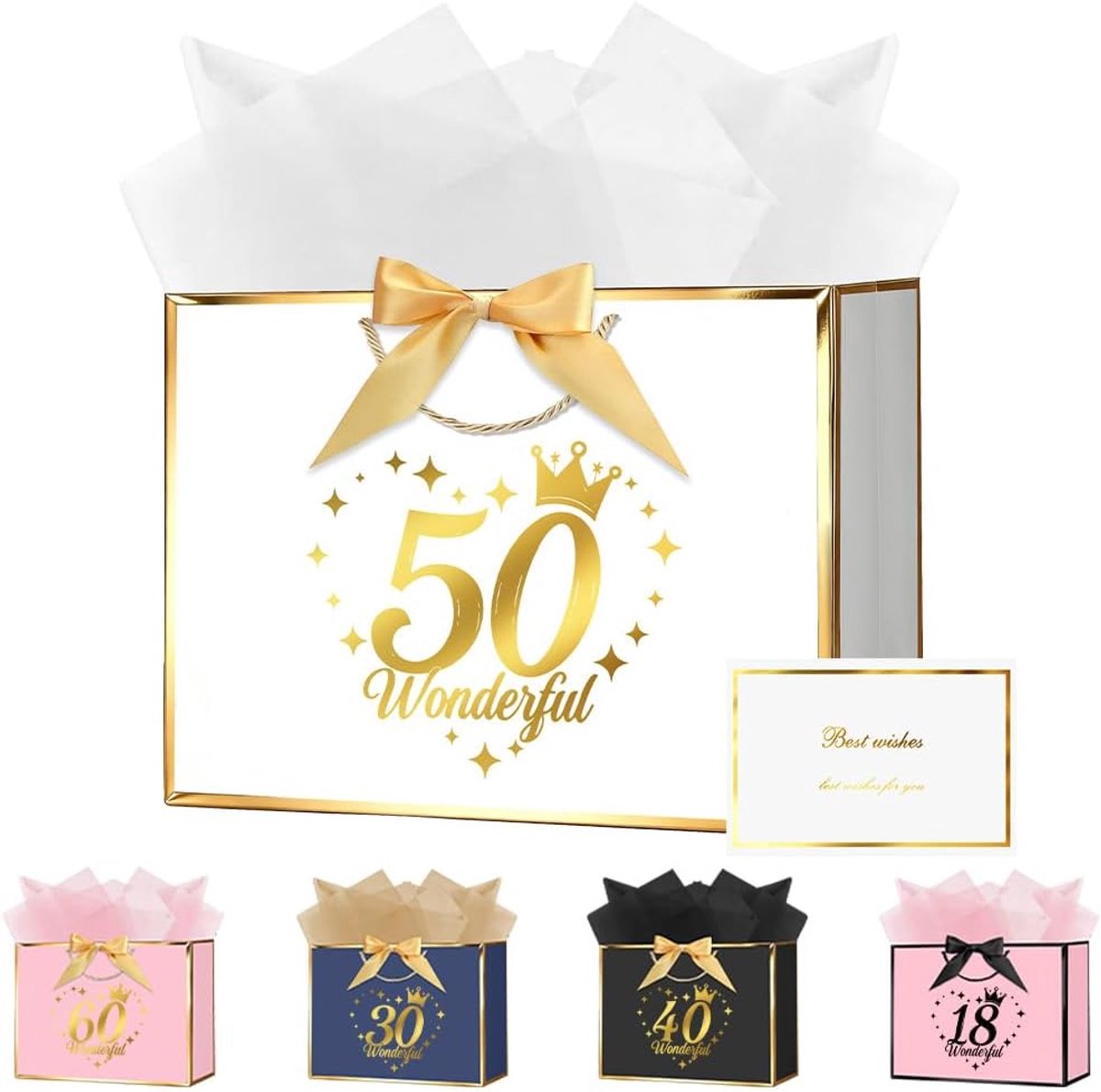 Verjaardagscadeautas, 28 x 20 x 10 cm, 50e verjaardagsfeest geschenkzakje met wensgrepen en 3 wikkels en 1 kaarten, luxe papieren zakken met handgrepen voor meisjes, vrouwen, bruiloft, feest