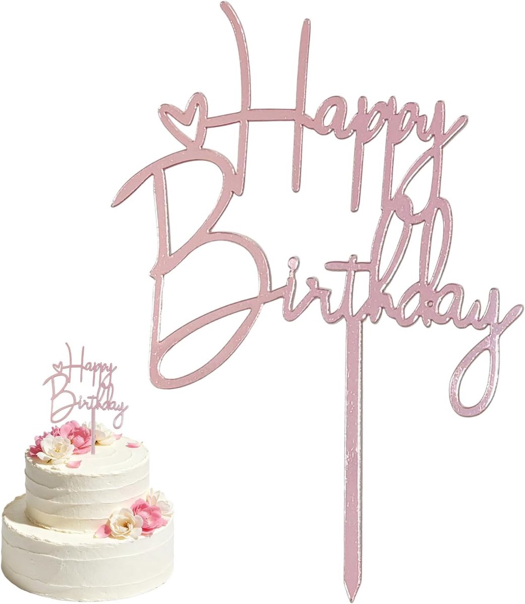 2 Stuks Happy Birthday Cake Topper, Acryl Verjaardagstaart Decoratie voor Jubileum, Baby Shower en Feestartikelen (Rose Goud)
