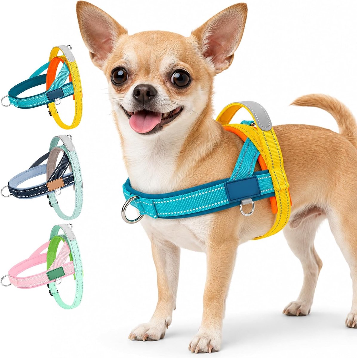 Hondenharnas voor extra kleine, kleine en middelgrote honden, anti-trekharnas, hond met handgreep, verstelbaar, zacht puppyharnas, ademend, reflecterend borstharnas (petrol en geel, XS)