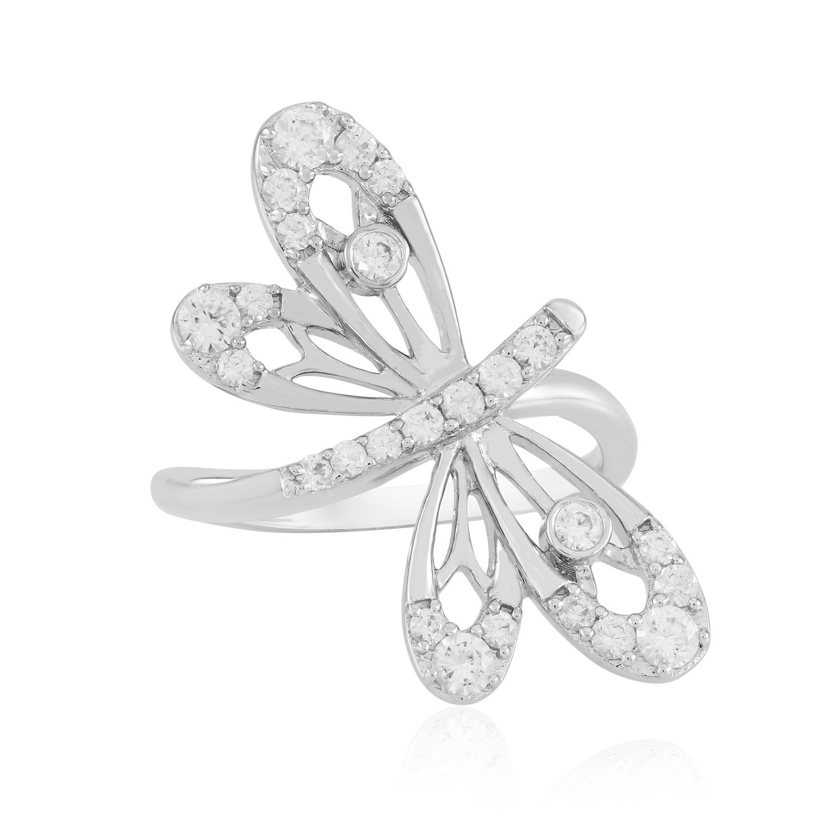 Cavill - Zilveren ring met 0,934ct Cambodjaanse zirkonia - 925 sterlingzilver met platinacoating - Elegant libelmotief - Moderne damesring