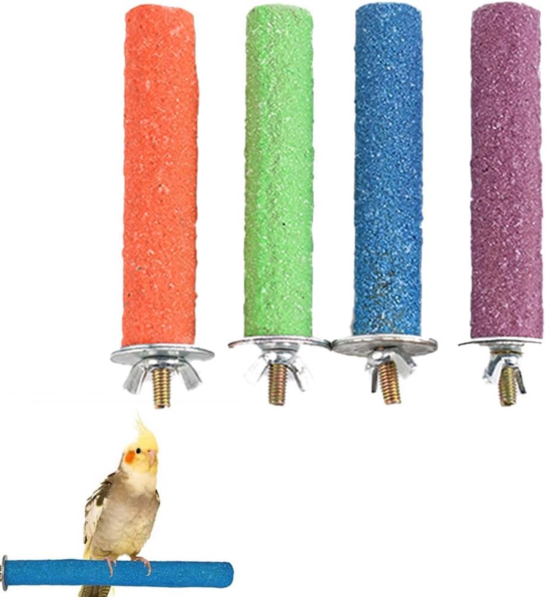4 stuks papegaaienkleerhangers, 15 cm, kleurrijke vogelkooi, schuurstang voor vogels, papegaaien, parkieten, valkparkieten, valkparkieten, conure, kooi, poot, maalspeelgoed