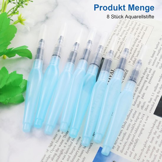 8 stuks watertankpenselen, aquarelpenseelstift, herbruikbare kwasten met watertank, blauw, 3 maten, voor aquarelverf, gouache, in water oplosbare kleurpotloden, beginners, kunstenaars — afbeelding 5