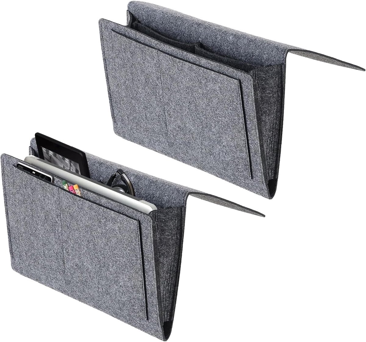 Bedtas om op te hangen, 2 stuks, 32 x 21 cm, anti-slip vilten opbergtas, bank en nachtkastje, opberg-organizer, 5 vakken, hangende opslag, bedorganizer voor mobiele telefoon, bril, boek