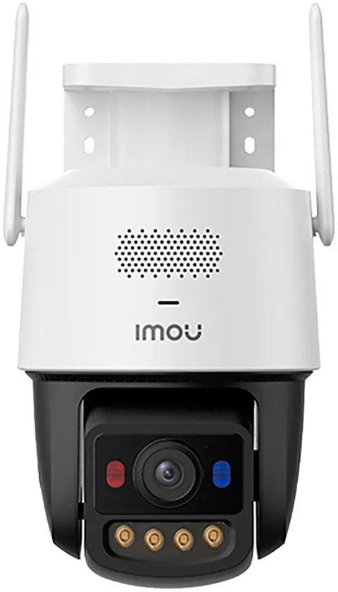 Imou Titan Pro 4K PTZ beveiligingscamera met 2 antennes, frontaal wit met zwarte bewegende kop. Camera heeft vier infraroodlampen.