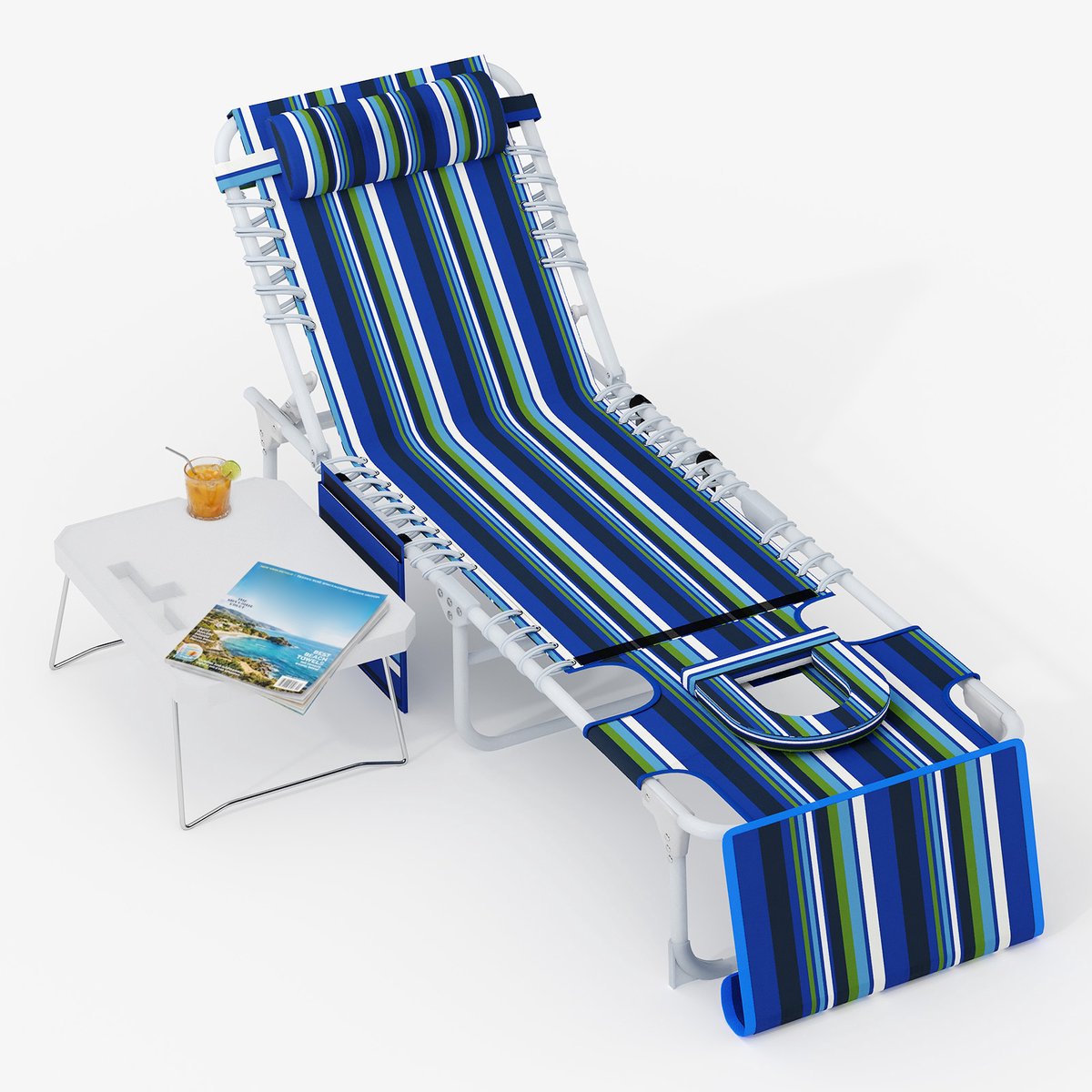 Ligstoel met Gezichtopening en Kussen - 56x190x34cm - Strandstoel met Bijzettafeltje - Zonneligbed Textileen - 5 Standen - Opklapbaar - Voor Strand Terras Tuin - Blauwgroen Strepen
