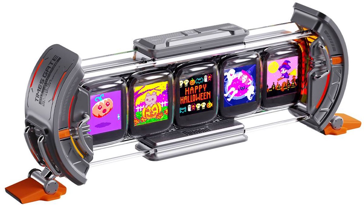 Divoom Times Gate WiFi Pixel Art Display - Cyberpunk Bureauklok met 5 LCD-schermen en RGB-verlichting - Grijs