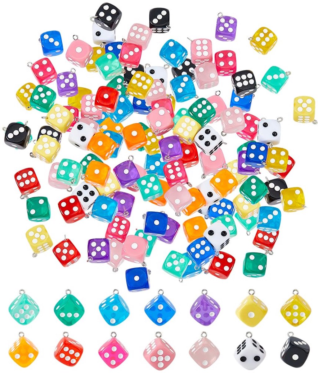 Bedels, kubus van hars, kleurrijke dobbelstenen met gaten, ogen, kubushanger, sieraden, armband, oorbellen, bedels voor het maken van handgemaakte sieraden