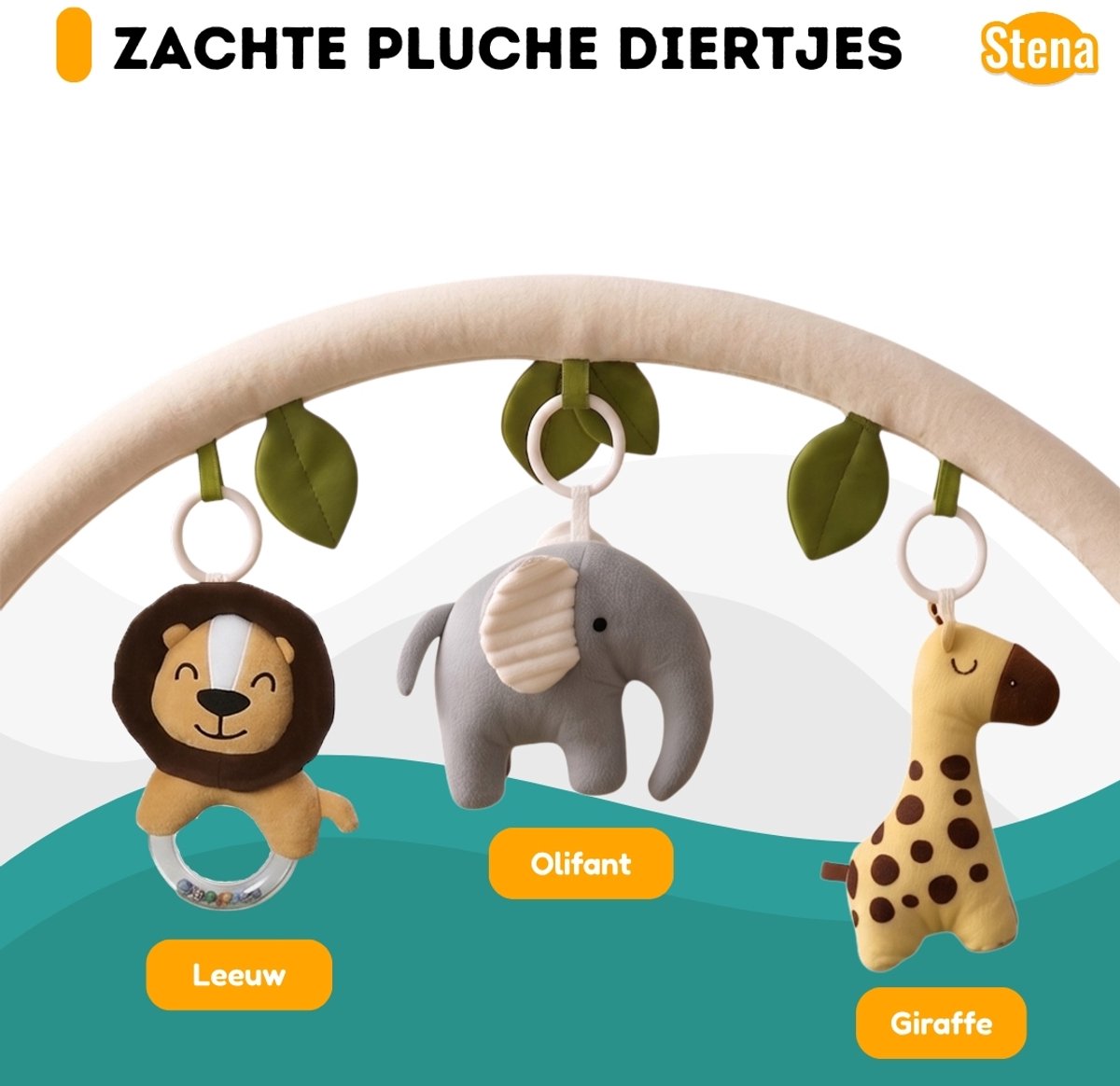 Stena Babygym - Speelkleed Baby met Boog - Jungle+ - 8 Speeltjes - Speelmat - Trendy Design - 0 tot 18 Maanden — afbeelding 7