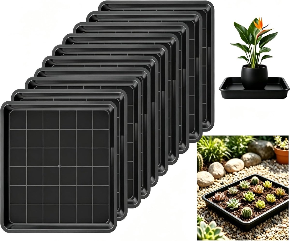 10 stuks bloempotonderzetters, rechthoekig, 15 x 15 cm, bloemenonderzetters | Vierkante plantenonderzetter, kunststof, zwart, plantenbak, plat, voor binnen en buiten, plantenbak, opvangbak