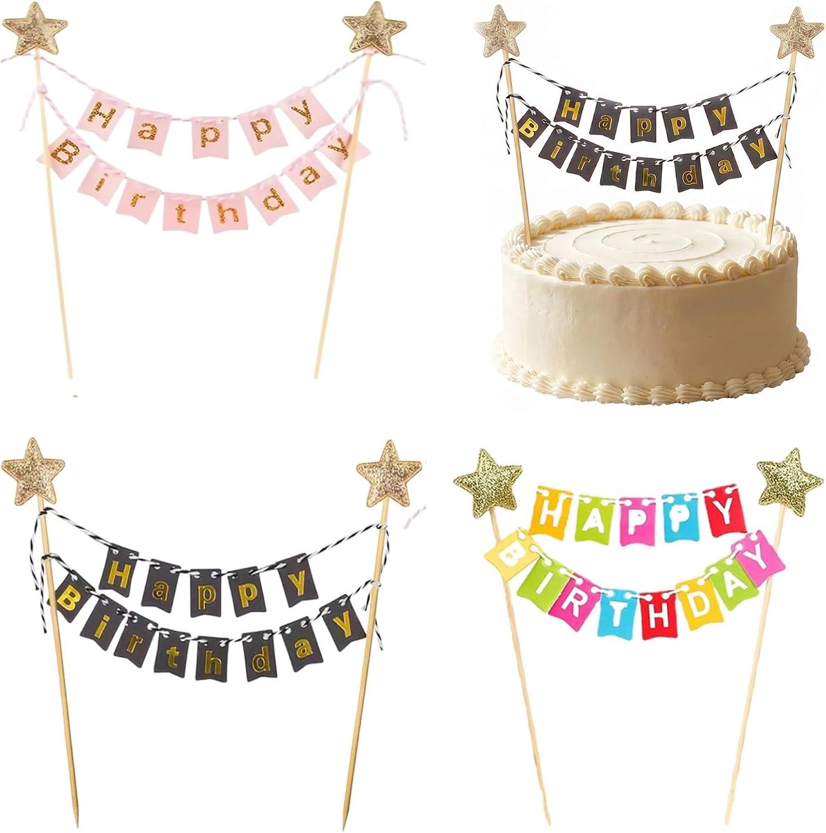 Set van 3 Happy Birthday-taarttoppers, veelkleurige bannerdecoraties, ideaal voor verjaardagsfeesten, bruiloftsfeesten, evenementdecoratie