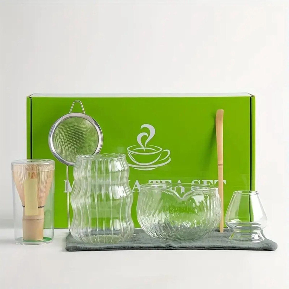 Glazen Matcha Set - 7-delig - Inclusief theekom, matcha garde en gardehouder - Japanse theeceremonie - Theebereidingsbenodigdheden - Matcha beginnersset - Cadeau