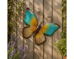 Anna's Collection Wand decoratie vlinder - blauw - 44 x 32 cm - metaal - muurdecoratie/schutting - buiten - tuinbeelden van dieren