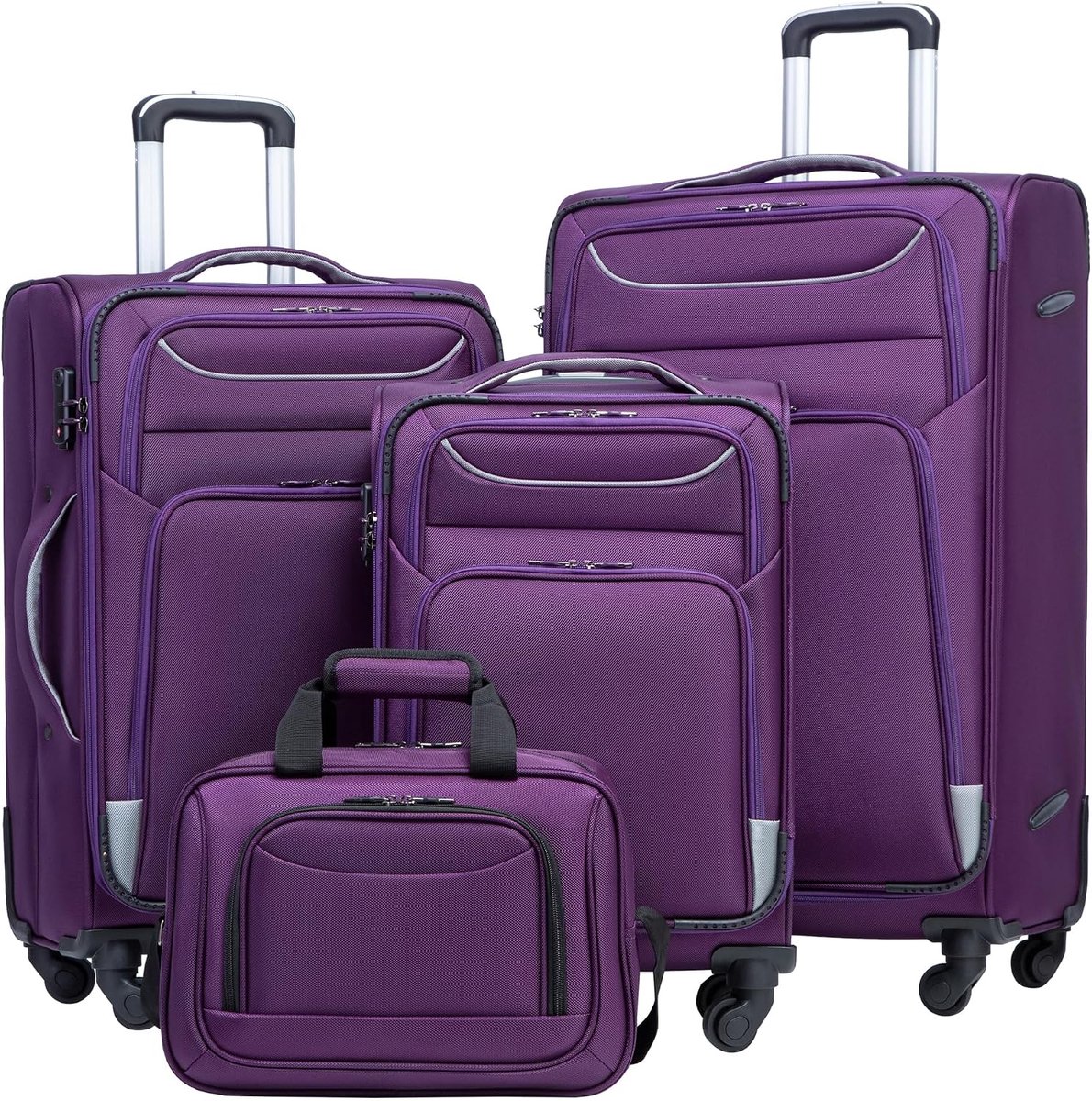 Trolley Reiskoffer Met 4 Wielen, TSA-Slot, Grote Schoudertas - Softbox Van Oxford-Stof, Paars + Zilver, Koffer-Set 4tlg