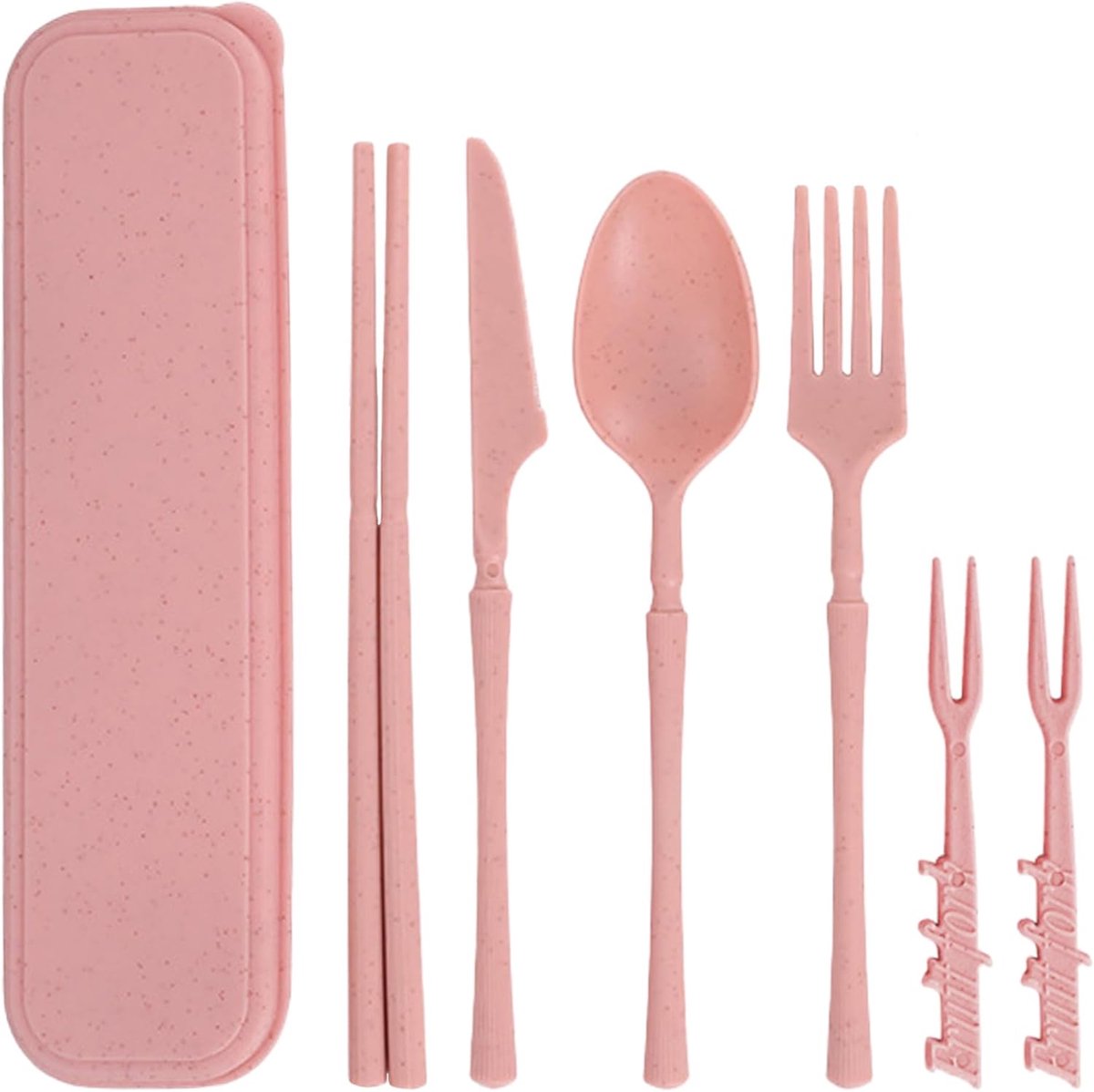 bestekset met etui, herbruikbaar plastic mes, vork, lepel, eetstokjes, servies, reisbestek, set voor camping, picknick, kantoor, school of dagelijks gebruik (roze)