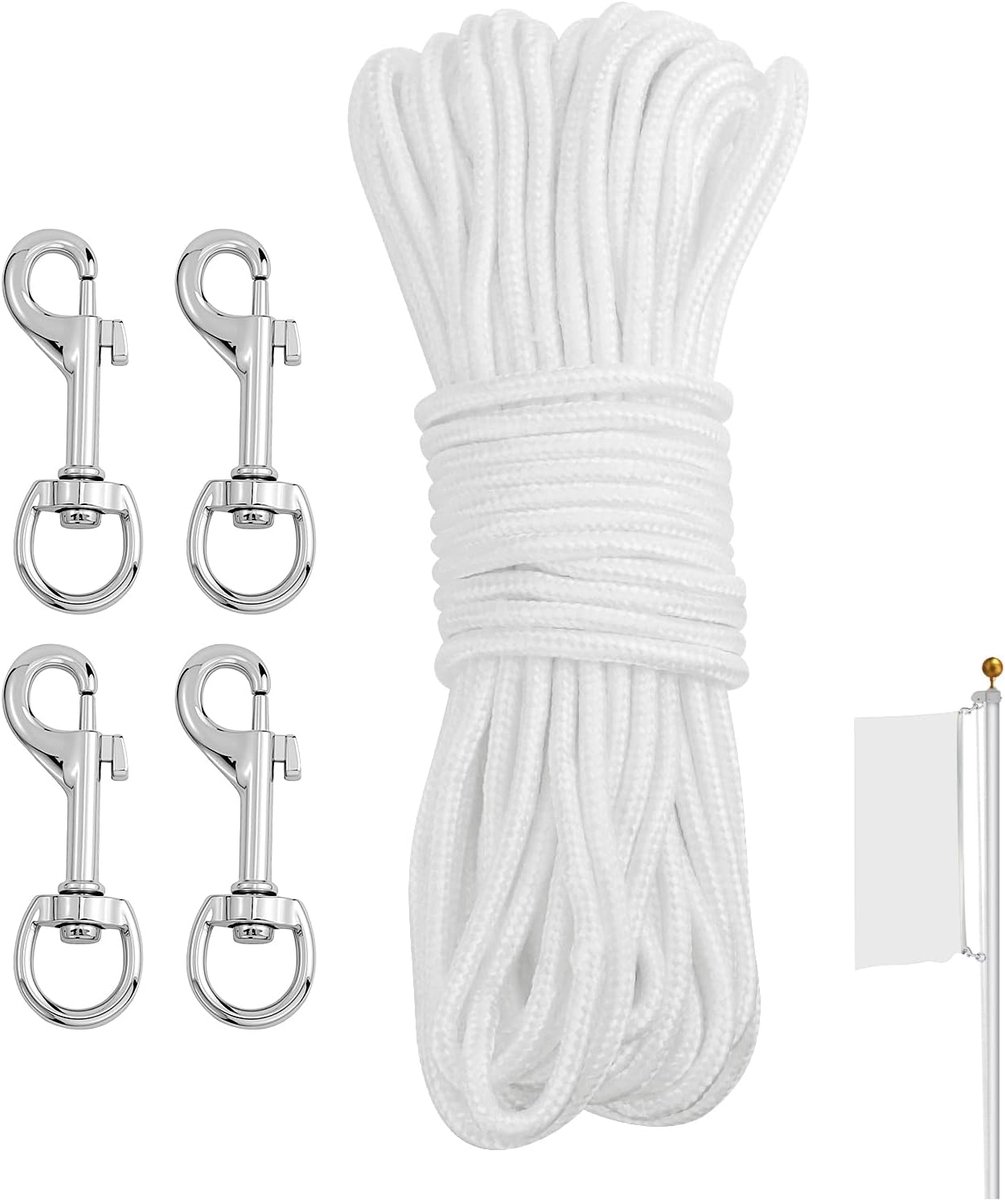20 m vlaggenmast touw weerbestendig met 4 karabijnhaken, nylon vlaggentouw voor thuis buiten, vlaggenmast accessoires, touw met 4 haken, vlaggenrope (wit)