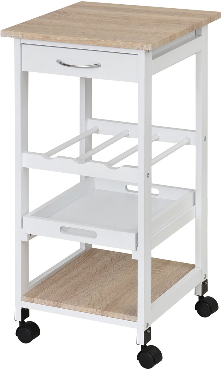 Serveerwagen keukentrolley met wielen, 2 afneembare dienbladen, lade, rek licht eiken, grenenhout, wit