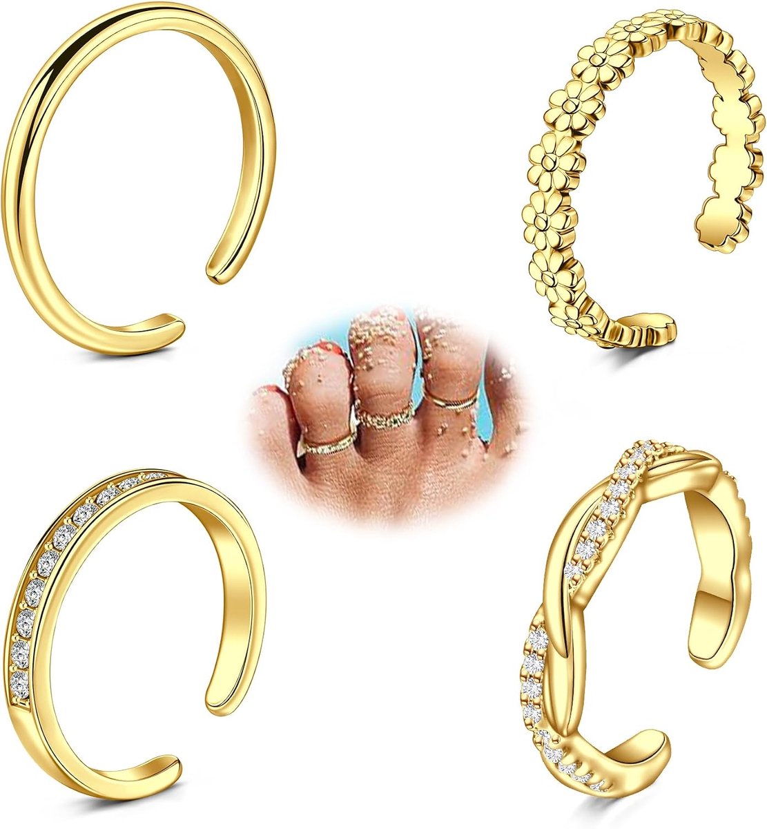 Teenringen voor dames, verstelbare open voetsieraadset, dunne ring, CZ en madeliefje, roestvrij staal en 14 K verguld (zilver/goud), strand, bruiloft, dagelijks gebruik