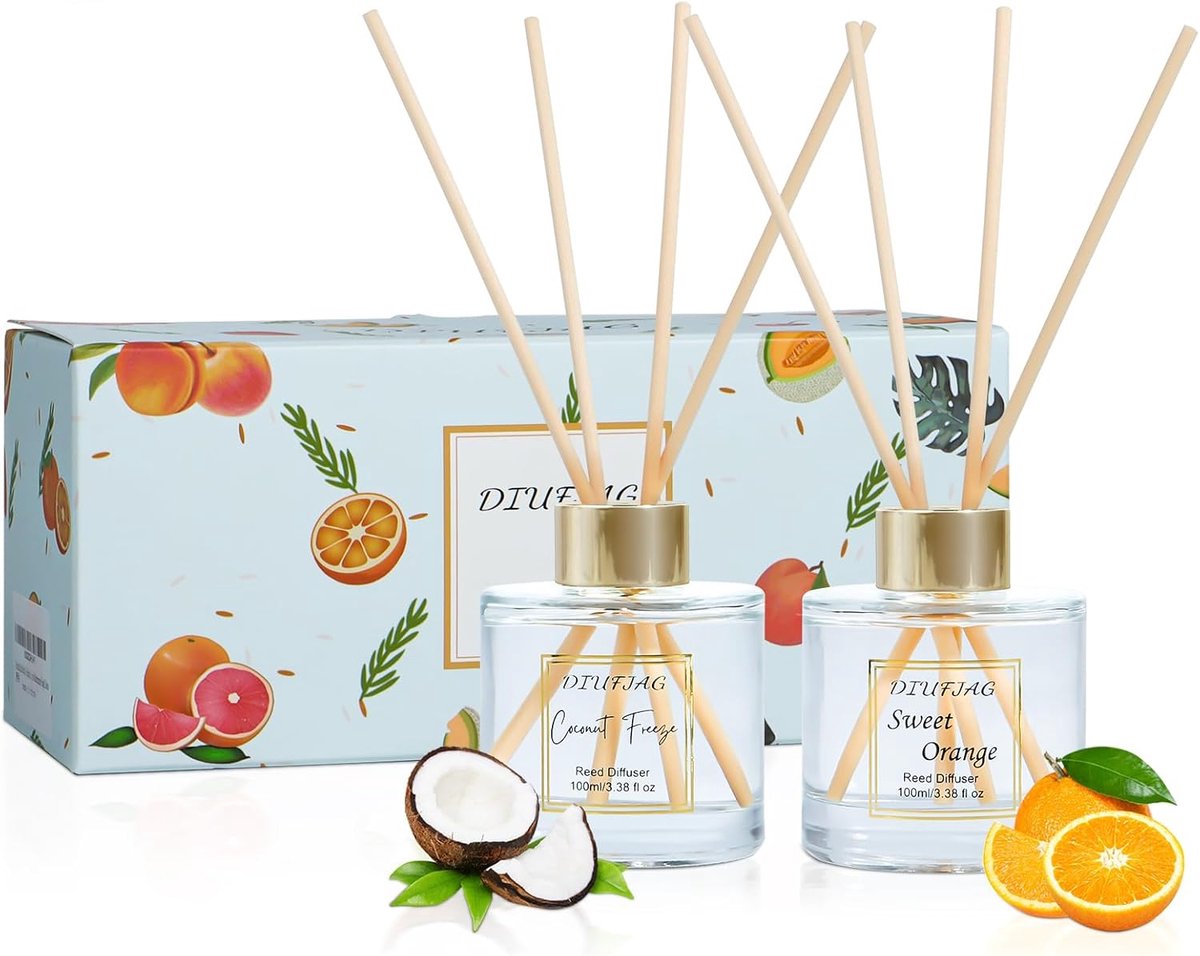 SnelShoppen - Room Fragrance 2x100ml - Kokosnoot/Sinaasappel met 6 Geurstokjes - Aromatherapie Diffuser voor Thuis, Kantoor, Badkamer en Slaapkamer De