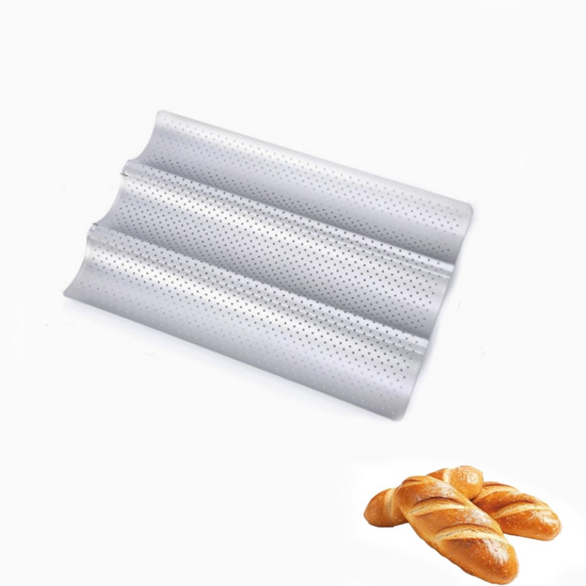 Broodvorm - Baguettebakvorm - 38 x 24,5 cm - Zilver - Baguettebakplaat - Ademend - Golvende baguettevorm - Geperforeerde antiaanbak baguettevorm - Maakt 3 baguettes - Professioneel keukengereedschap voor bakkers - Bakvorm