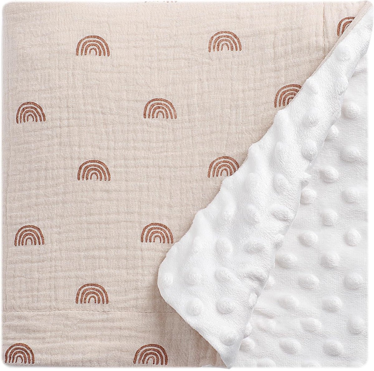 Babydeken van katoengaren, 75 x 100 cm, pasgeboren deken, 100% puur katoen en fleece, multifunctioneel dubbelzijdig babydoopcadeau, geschikt voor kinderwagens, als troostdeken of babywikkeldeken,Kleine Regenboog