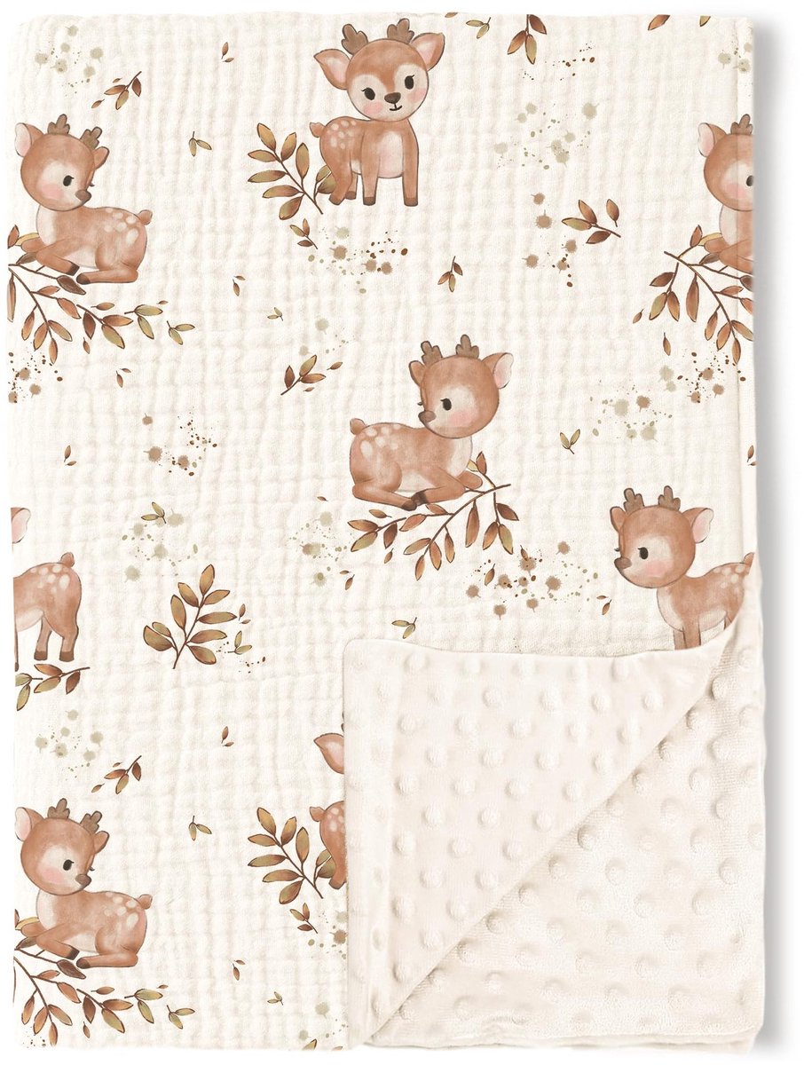 Babydeken van katoengaren, 75 x 100 cm, pasgeboren deken, 100% puur katoen en fleece, multifunctioneel dubbelzijdig babydoopcadeau, geschikt voor kinderwagens, als troostdeken of babywikkeldeken,hert