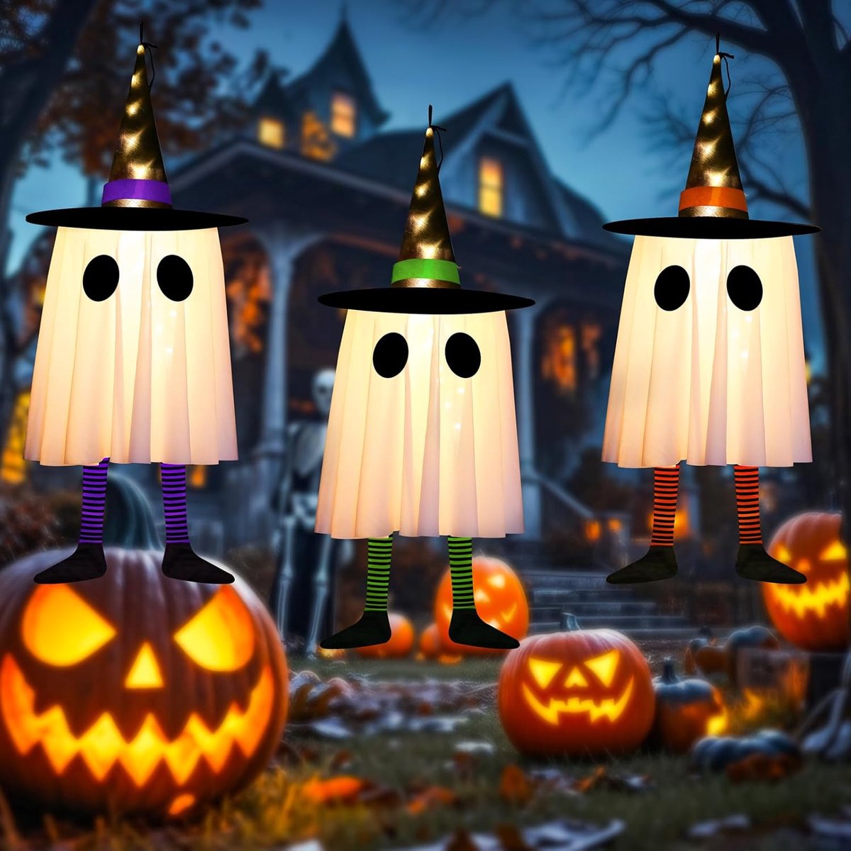 Ulisem - Halloween heksenhoed decoratie - 3 stuks hangende gloeiende heksenhoeden - Paars, groen en oranje - 60 cm groot - Met ledlampjes en 3 lichtstanden - Batterijgevoed (inbegrepen) - Polyester - Geschikt voor boom en raam - Herbruikbaar
