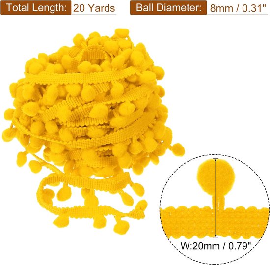 20 yards Pom Pom Ball Fringe Trim, band naai-accessoires DIY knutselen voor gordijnen, kleding, kussens decoratie (8 mm, donkergeel) — afbeelding 5
