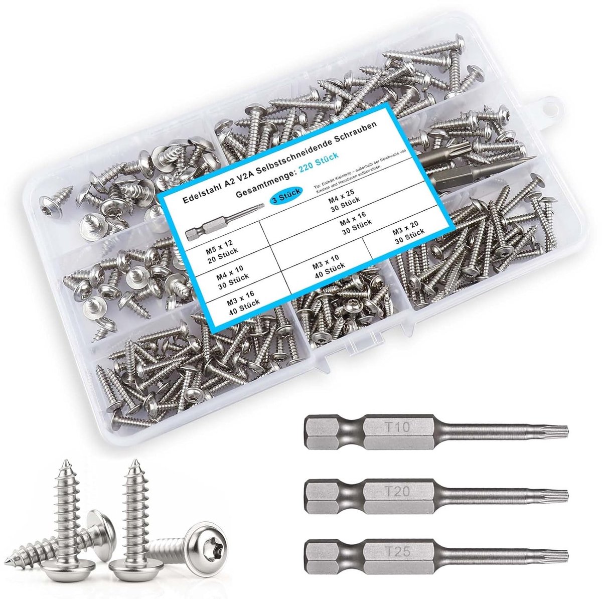 Torx, 220 stuks plaatschroeven, zelftappende schroeven, lenskopschroeven, hout, roestvrij staal, A2 V2A, M3/M4/M5 zelfborende boorschroeven (10/12/16/20/25 mm) voor hout, metalen platen