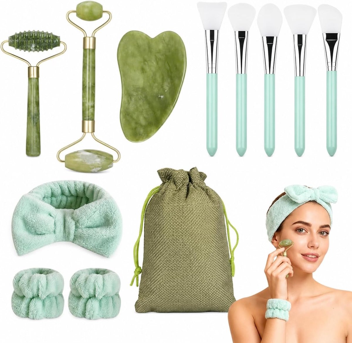 Sha-massageset 12-delig - Inclusief dubbele en enkele rolmassage, jade steen, gezichtsmasker borstels, haarband en draagtas - Perfect voor ontspanning en gezichtscontouren
