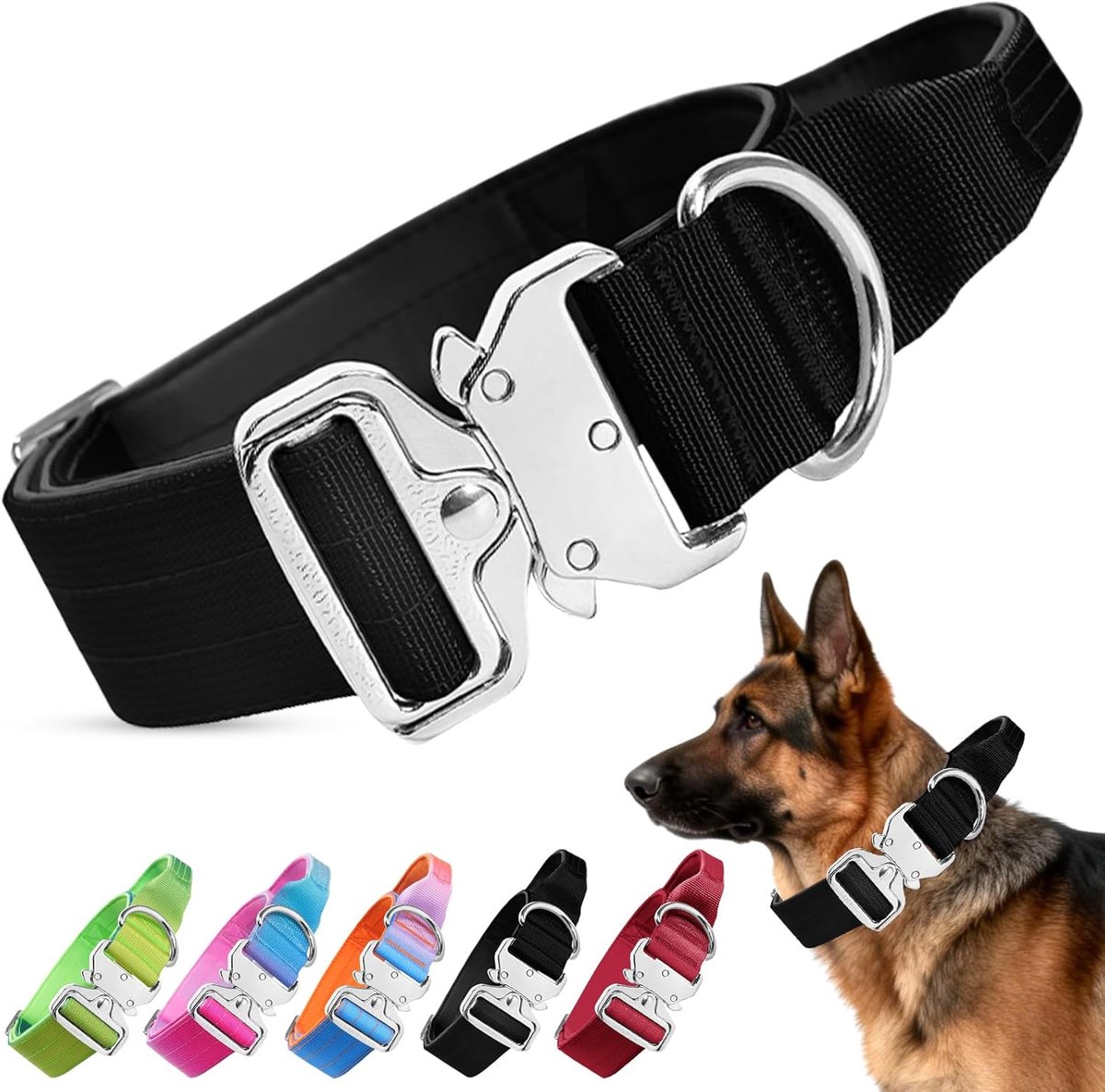hondenhalsband met handgreep, stevige brede dikke halsband voor middelgrote en grote honden, militair nylon verstelbare sterke halsbanden met snelsluiting metalen gesp (zwart, L)