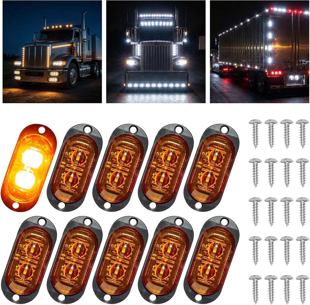 10 x begrenzingslampen, aanhangers, positielichten met 2 lampen, 65 mm, 12/24 V, 3000 K, waterdicht, universele zijmarkeringslichten voor vrachtwagens, auto's, caravans, campers, als