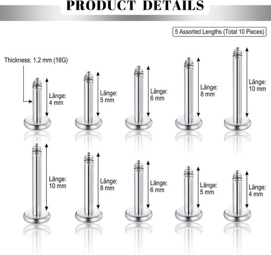 16G (1,2 mm) Labret Piercing Set Chirurgisch Staal - 4-10mm Korte Staven Flat Back Lip Piercing Tragus, Helix, Oor & Conch Plug - Zilver — afbeelding 4