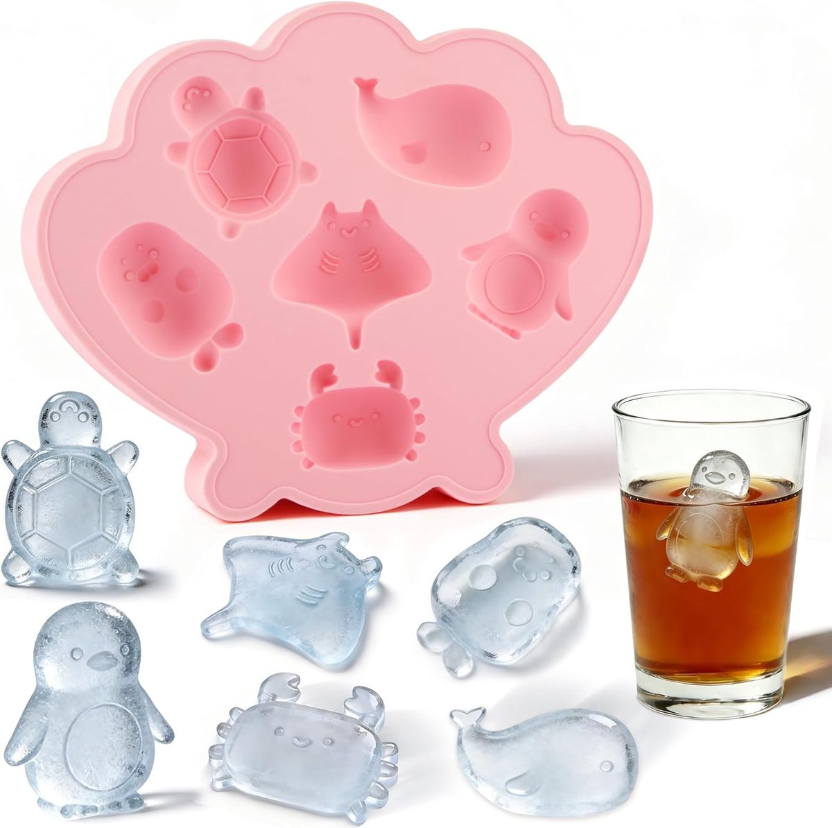IJsblokjesvorm, 6-delige Set IJsblokjesvorm met Deksel, Leuke IJsblokjesvormen in de Vorm van Zeeleven voor Cocktails, Koffie en Meer (Roze)